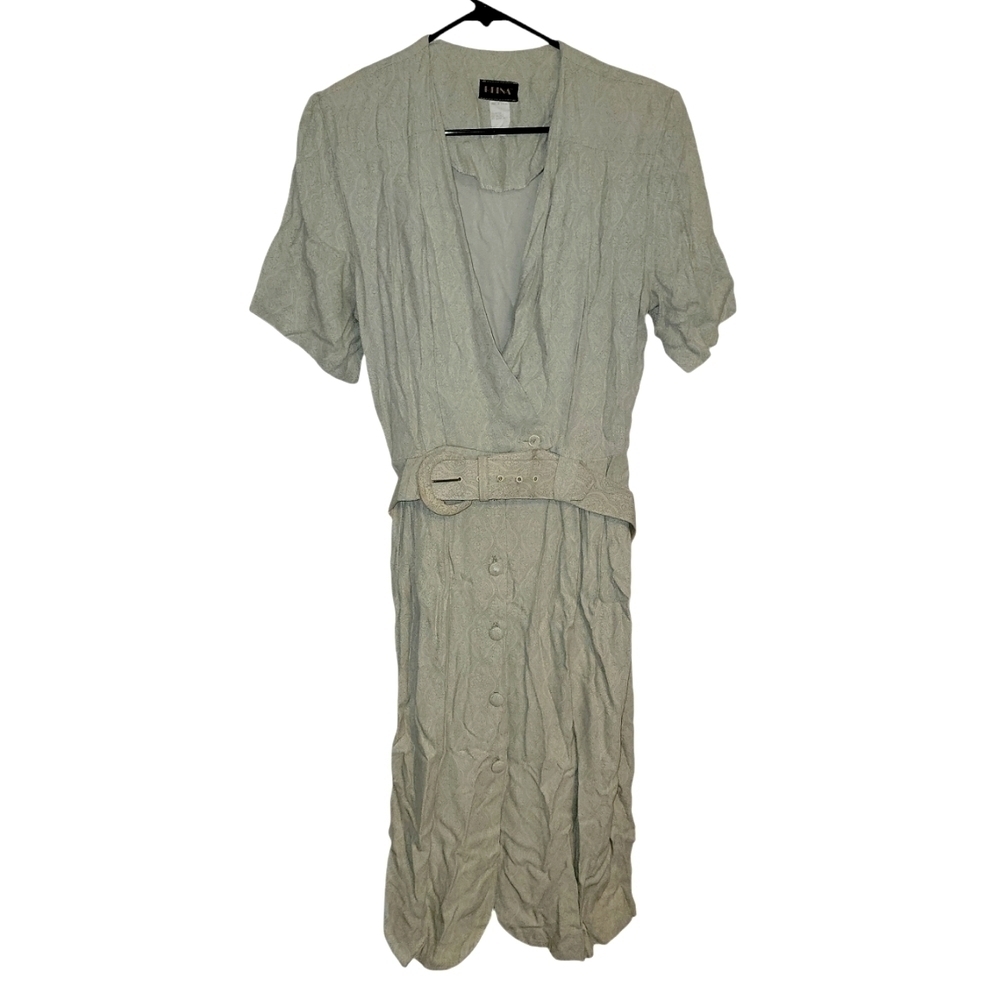 Vintage Reina size 14 dress with belt, shoulder pads, short sleeves, open front